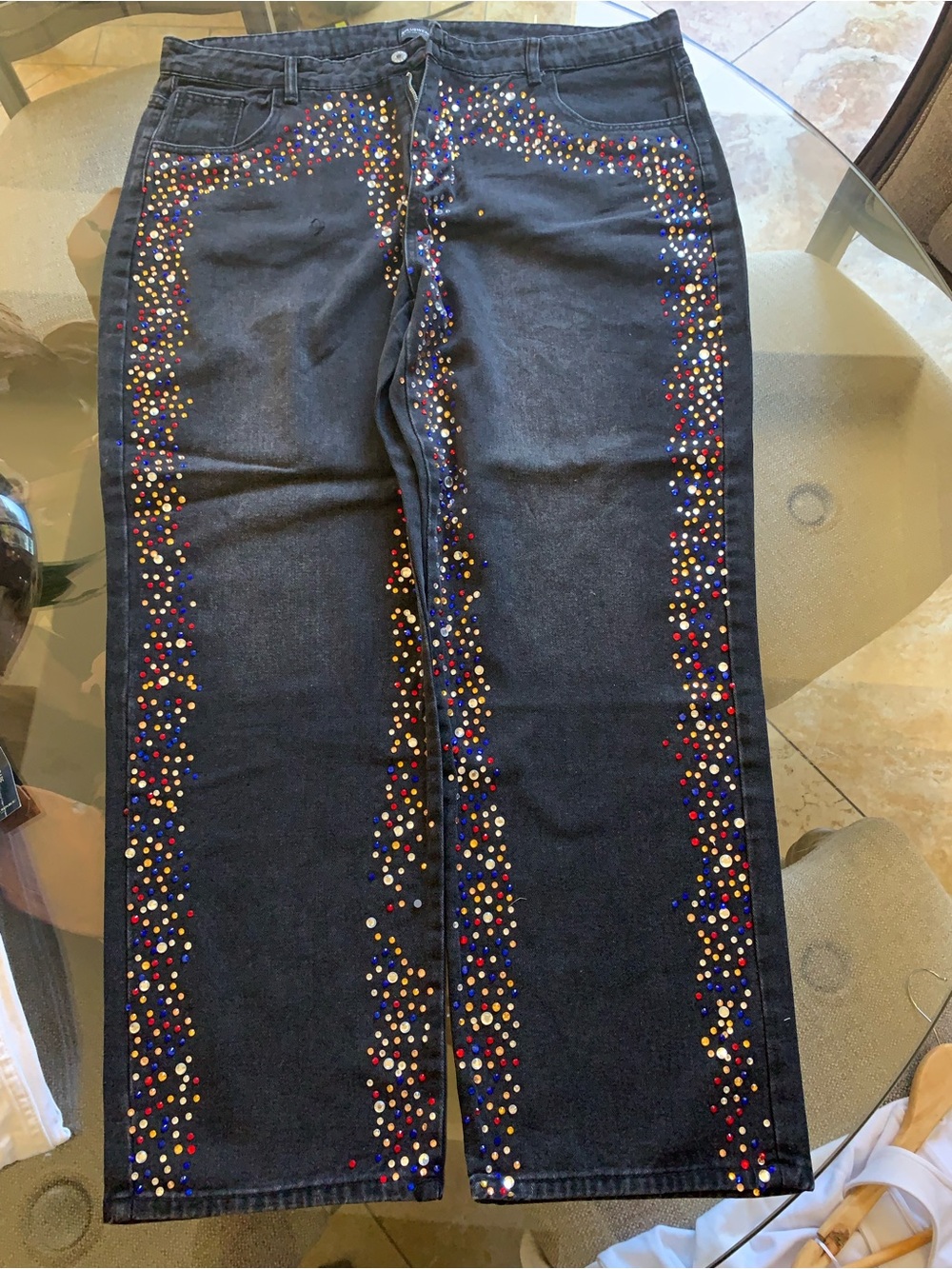 Black Wide-Leg Women's Jeans with Multicolor Stud Detailing